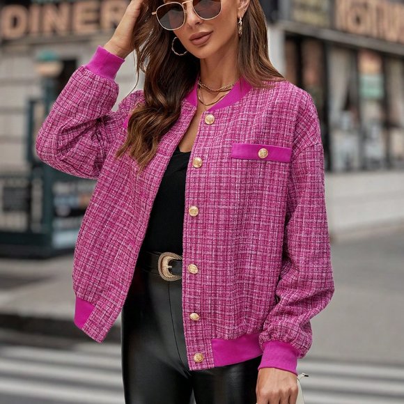 Pink Preppy Womens Plaid Pattern Drop Shoulder Tweed Overcoat - Picture 4 of 5